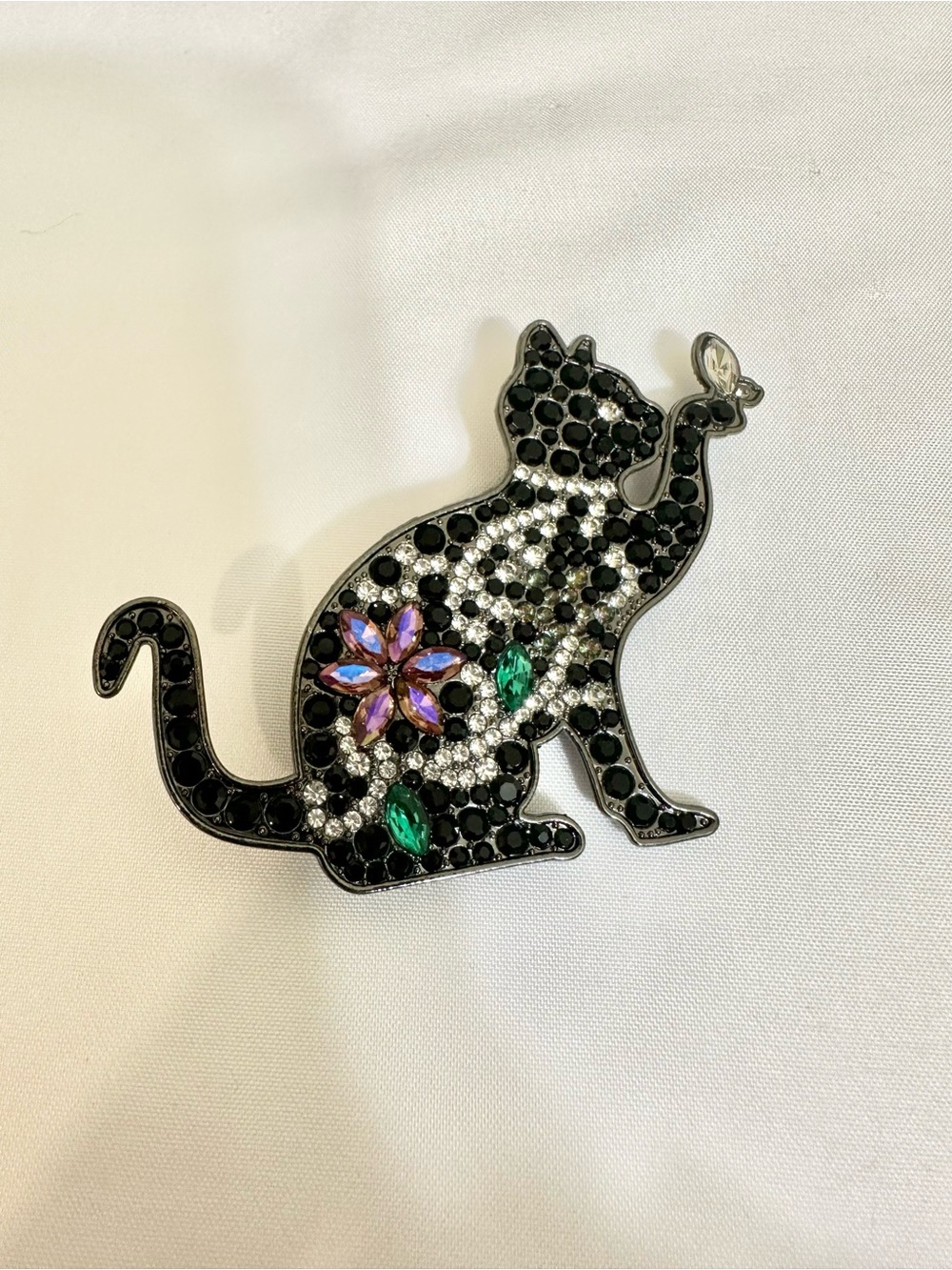 Black Crystal Cat Brooch with Multicolor Accents